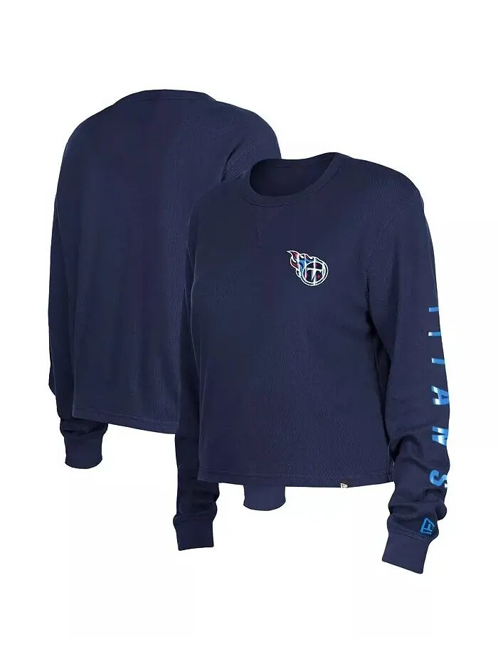 Женская темно-синяя термоукороченная футболка Tennessee Titans с длинными рукавами New Era