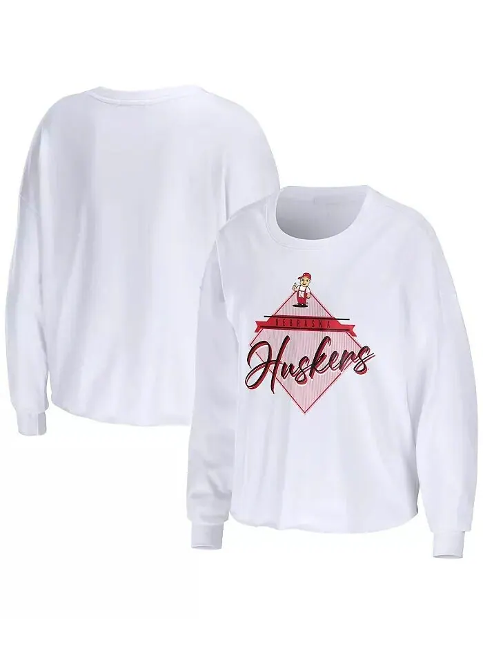 Женская белая укороченная футболка с длинными рукавами Nebraska Huskers Diamond Wear By Erin Andrews — изображение 1 из 3