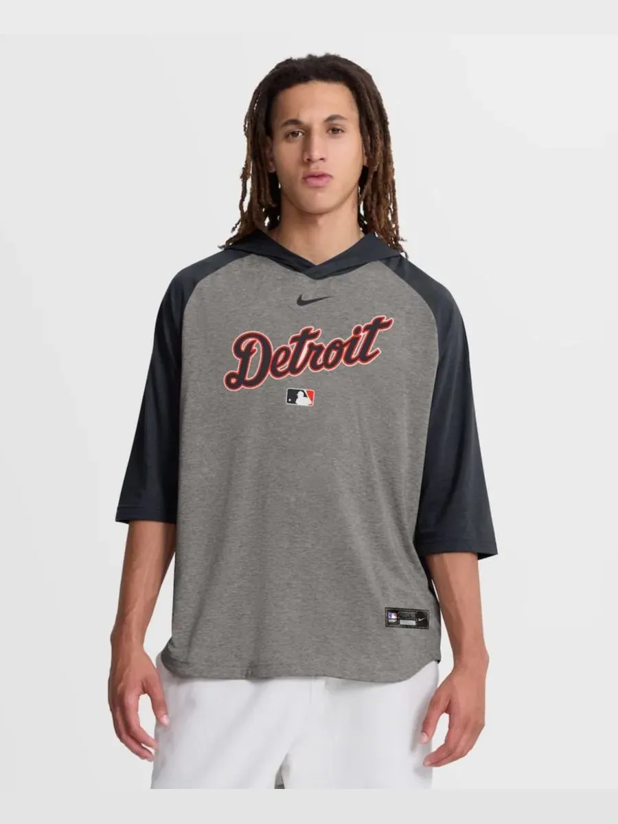 Футболка-худи с рукавом 3/4 и капюшоном, с принтом, Detroit Tigers Nike — изображение 1 из 5, серый темно-синий