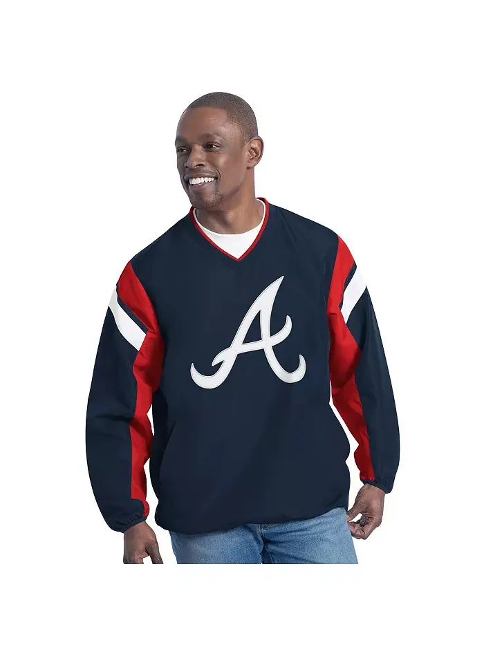 Мужской вязаный худи с V-образным вырезом Atlanta Braves Double Coverage в темно-синем цвете G-III — изображение 1 из 2