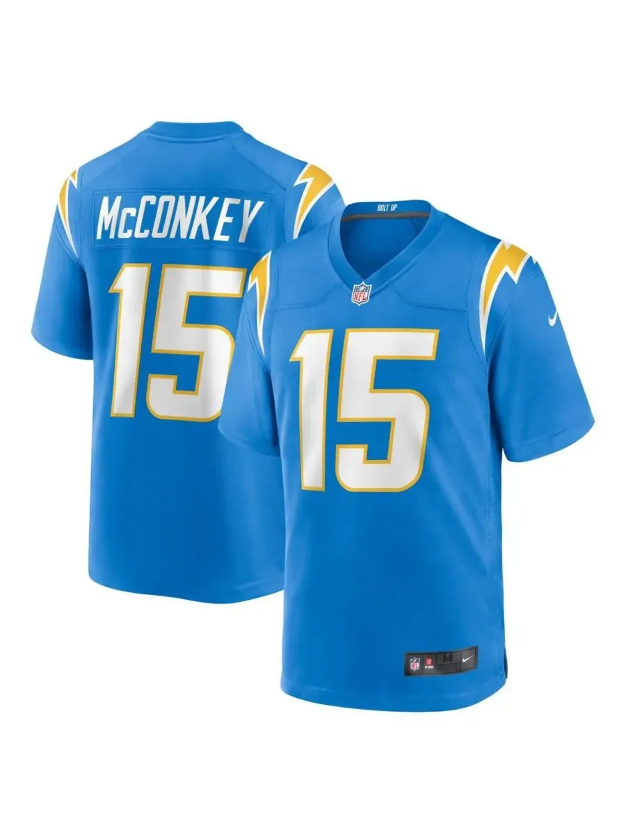 Nike Мужская игровая футболка Ladd McConkey цвета "светло-голубой" с символикой команды Los Angeles — изображение 1 из 5