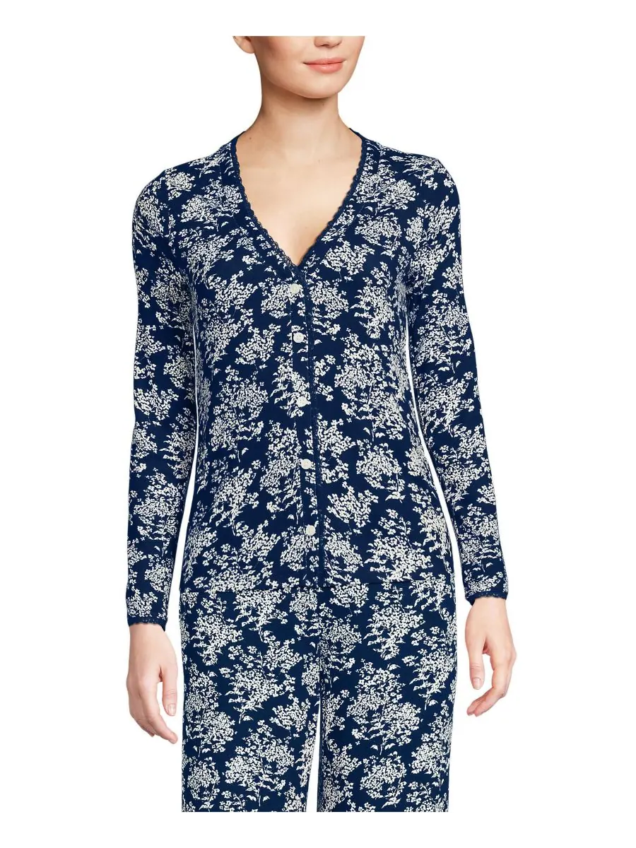 Женский ажурный кардиган для сна с длинными рукавами Lands' End, Deep sea ikat floral — изображение 1 из 4