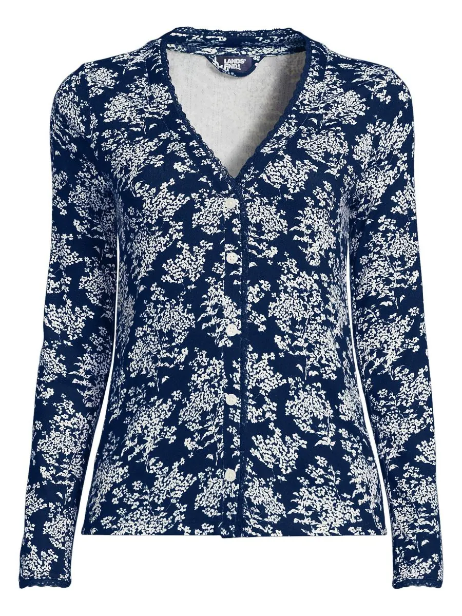 Женский ажурный кардиган для сна с длинными рукавами Lands' End, Deep sea ikat floral — изображение 3 из 4