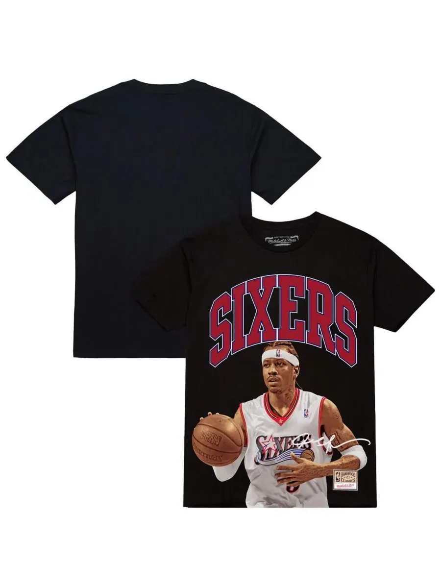 Футболка с принтом Allen Iverson Black Philadelphia 76ers Hardwood Classics Player Arch Mitchell & — изображение 1 из 3