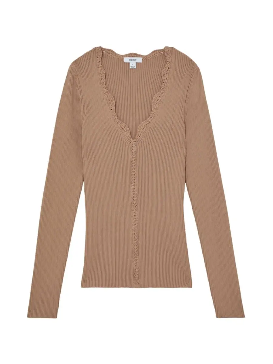 Женская трикотажная блузка Lara с отделкой крючком REISS, Taupe Neutral — изображение 4 из 5