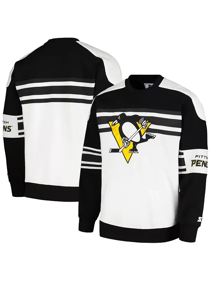 Мужская белая флисовая толстовка Pittsburgh Penguins Defense с круглым вырезом Starter — изображение 1 из 3