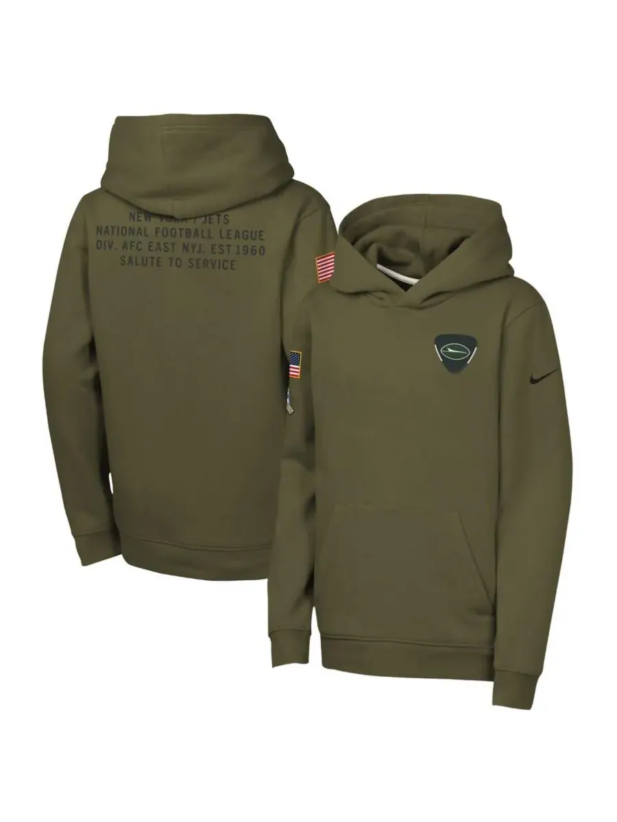 Nike Толстовка с капюшоном из флиса цвета хаки для мальчиков и девочек, модель New York Jets 2025 — изображение 1 из 3