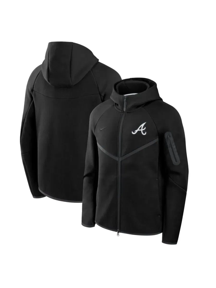 Мужская худи-ветровка Tech Fleece Windrunner с полноценной молнией, модель Atlanta Braves Nike — изображение 1 из 3, черный
