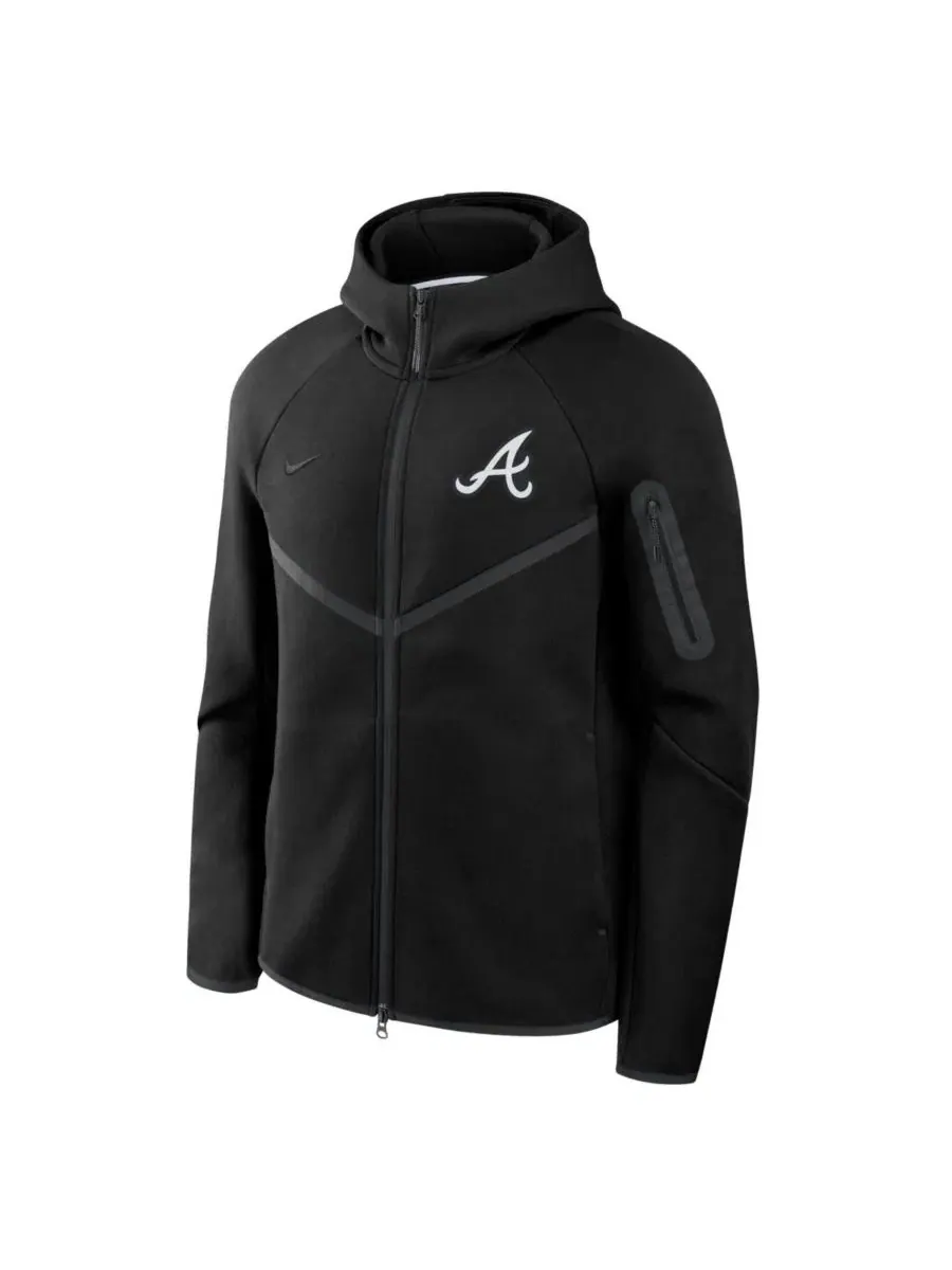 Мужская худи-ветровка Tech Fleece Windrunner с полноценной молнией, модель Atlanta Braves Nike — изображение 2 из 3, черный