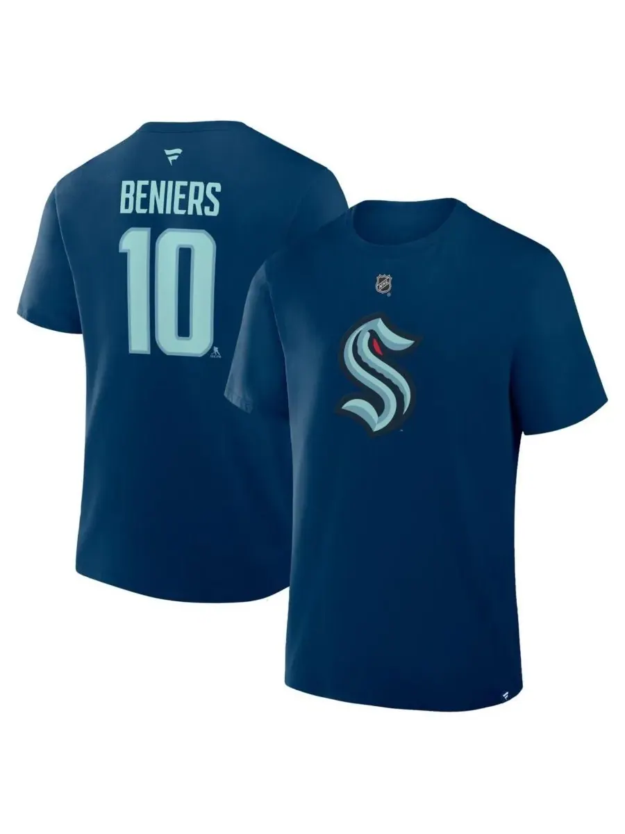 Fanatics Мужская футболка Matty Beniers Deep Sea Blue Seattle Kraken Authentic Stack с номером и — изображение 1 из 2