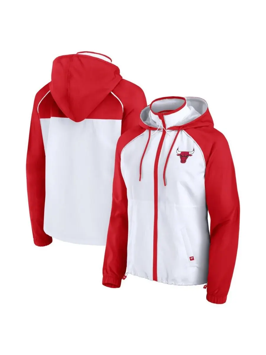 Fanatics Женская бело-красная куртка-анорак Chicago Bulls с рукавами реглан и капюшоном на молнии — изображение 1 из 3
