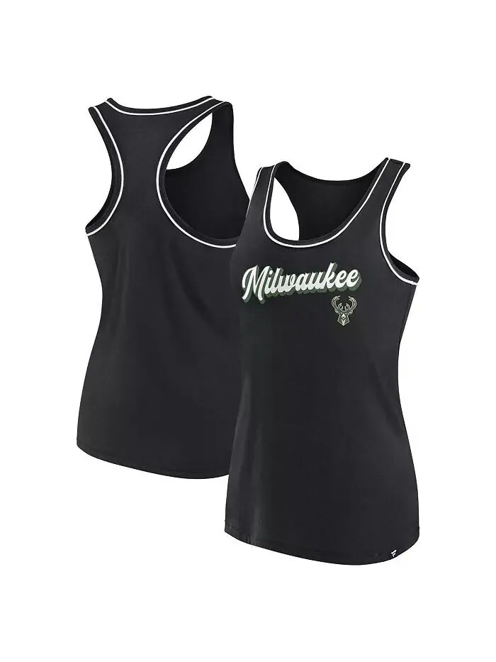 Женская черная майка с гоночной спинкой и логотипом Milwaukee Bucks Wordmark Fanatics — изображение 1 из 2