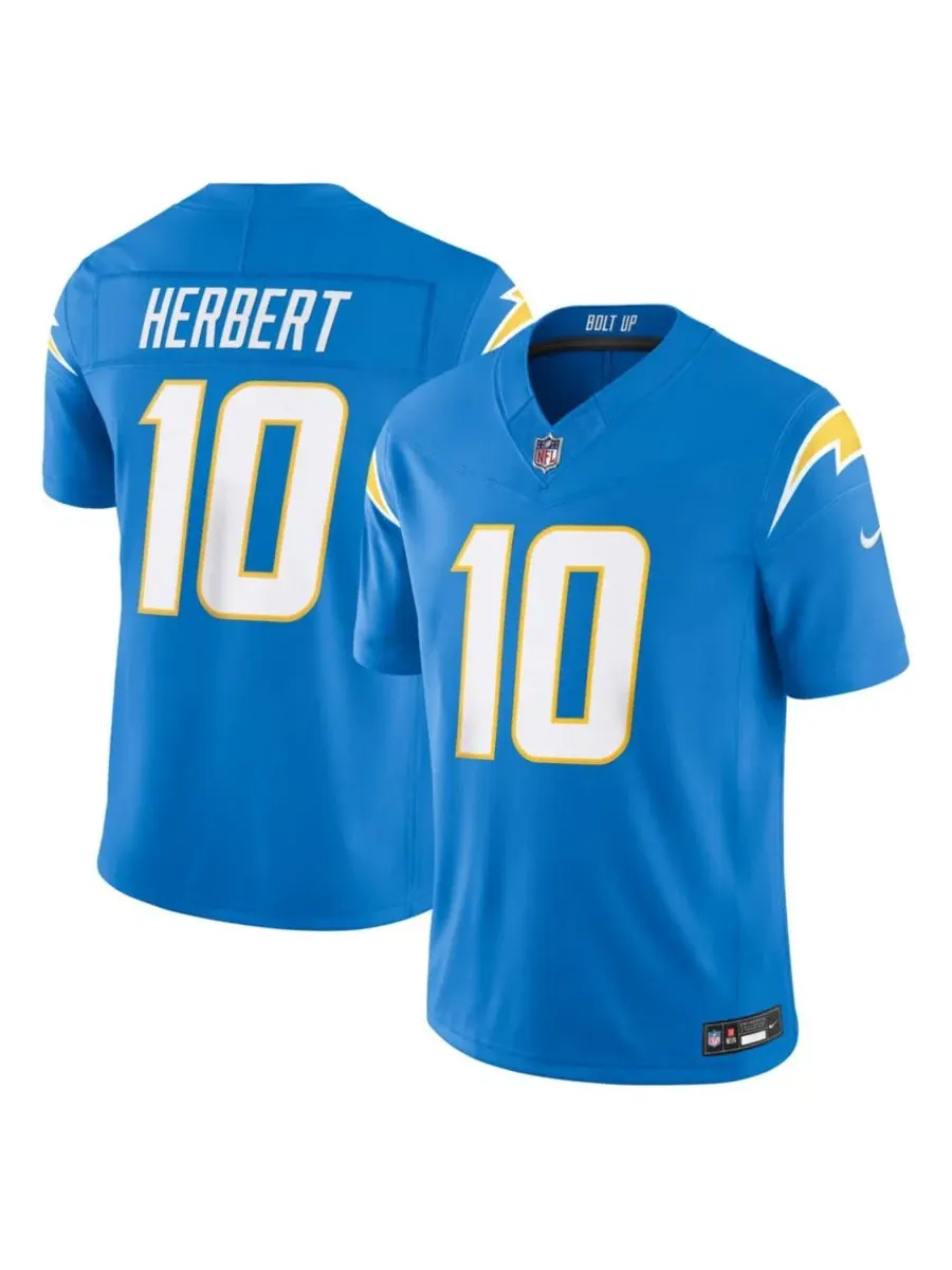 Мужская футболка с длинным рукавом Justin Herbert Powder Blue Los Angeles Chargers Vapor F.U.S.E — изображение 1 из 5, синий
