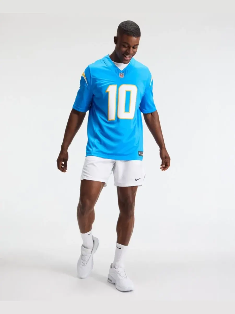 Мужская футболка с длинным рукавом Justin Herbert Powder Blue Los Angeles Chargers Vapor F.U.S.E — изображение 4 из 5, синий