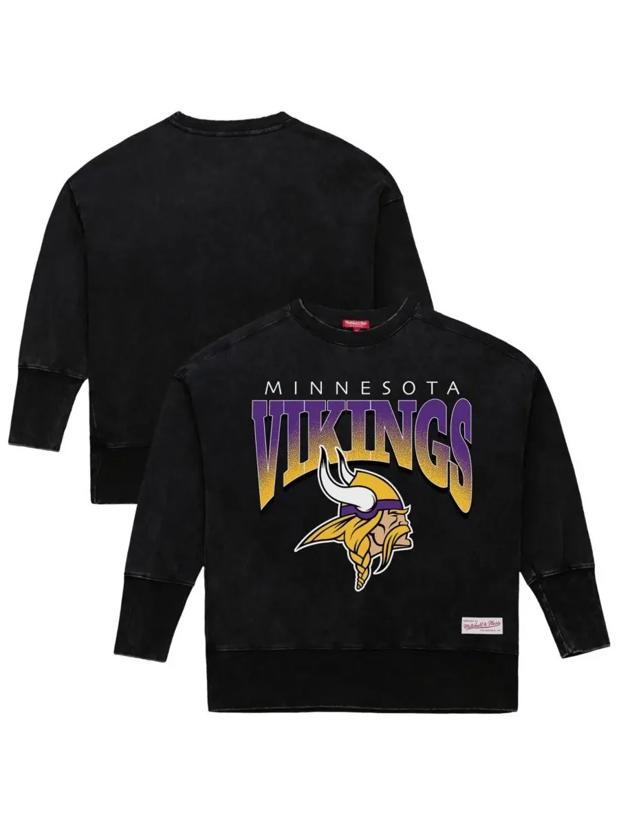 Mitchell & Ness Женская черная толстовка с круглым вырезом Minnesota Vikings Delineate Mineral Wash — изображение 1 из 3