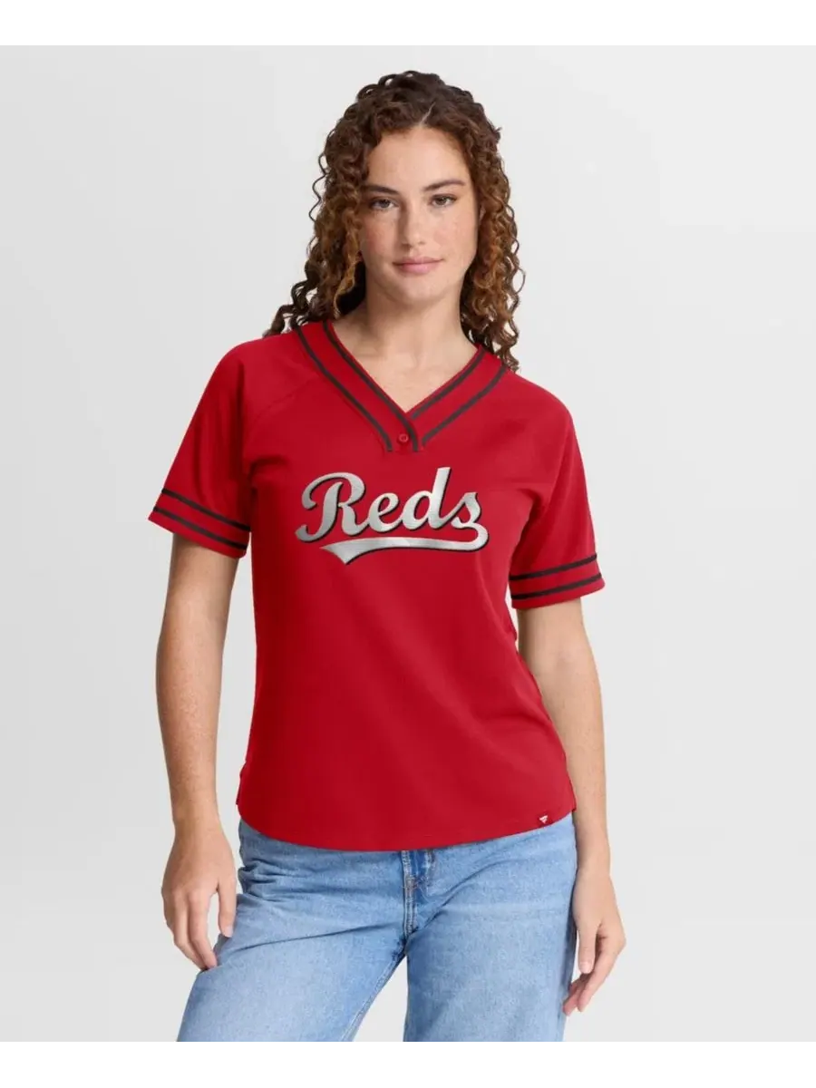 Женская красная футболка с V-образным вырезом и рукавами реглан Cincinnati Reds Diva Race Ahead — изображение 1 из 3