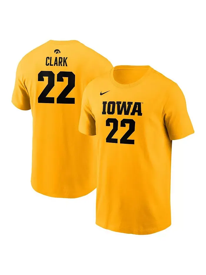 Мужская и женская футболка с именем и номером Caitlin Clark Gold Iowa Hawkeyes ушедшего игрока Nike — изображение 1 из 3