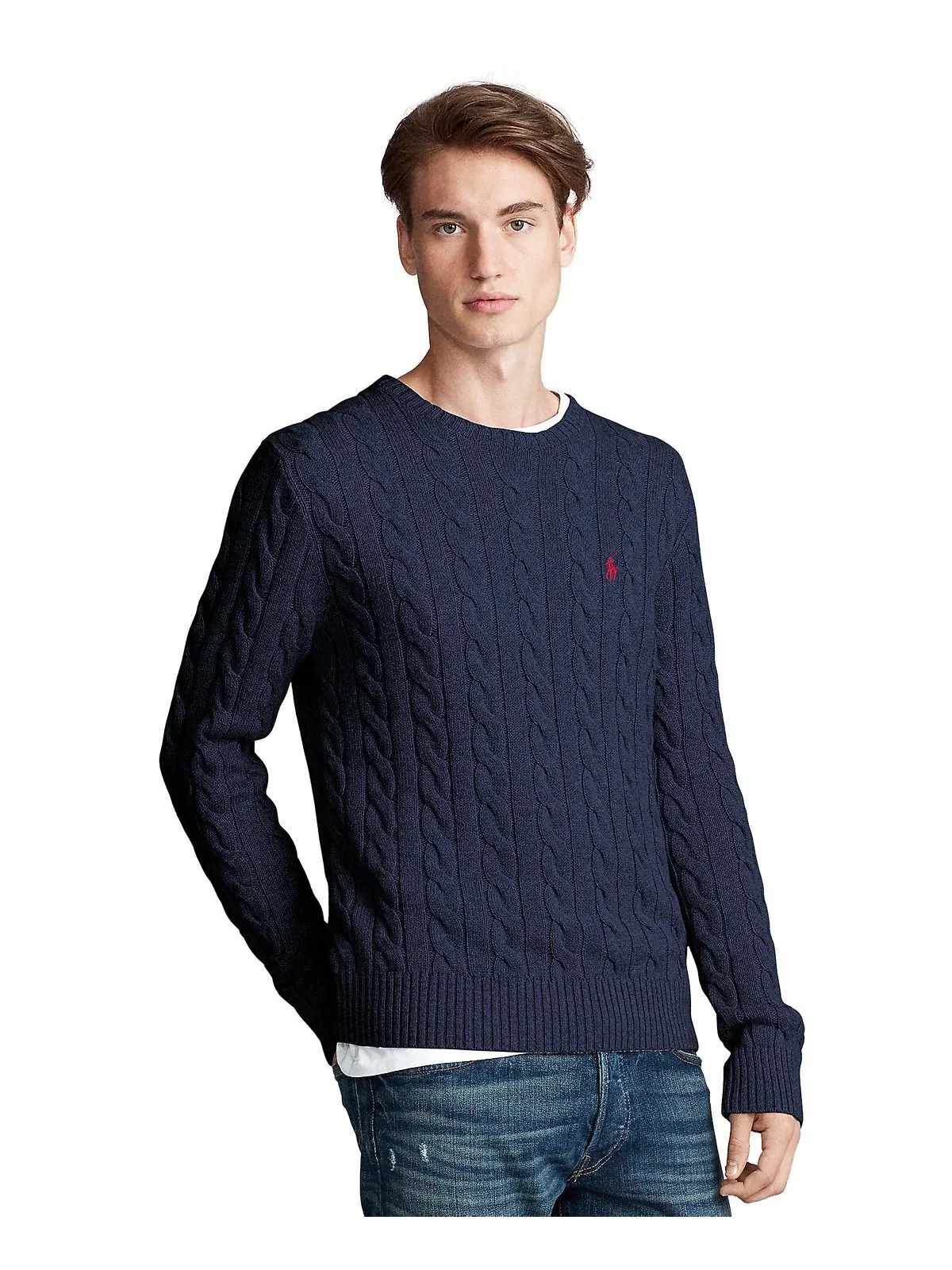 Мужской хлопковый свитер косой вязки Polo Ralph Lauren — изображение 1 из 7, темно-синий
