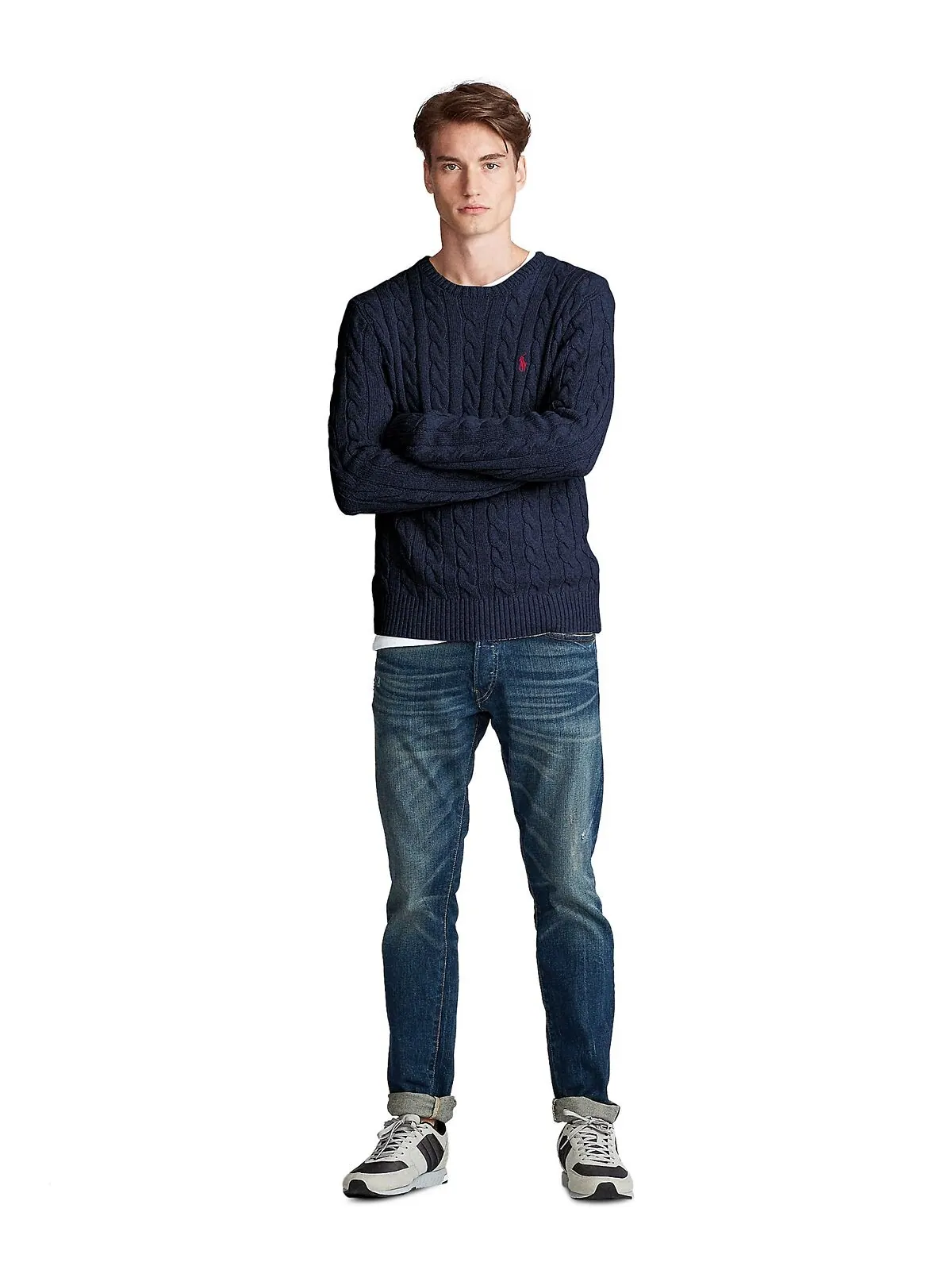 Мужской хлопковый свитер косой вязки Polo Ralph Lauren — изображение 4 из 7, темно-синий