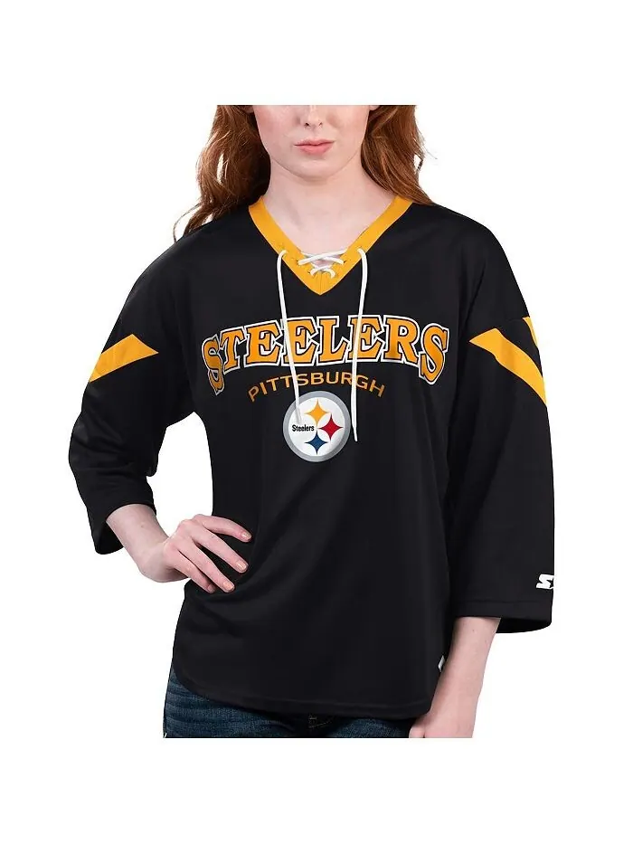 Черная женская футболка Pittsburgh Steelers Rally на шнуровке с рукавами 3/4 Starter — изображение 1 из 1, черный