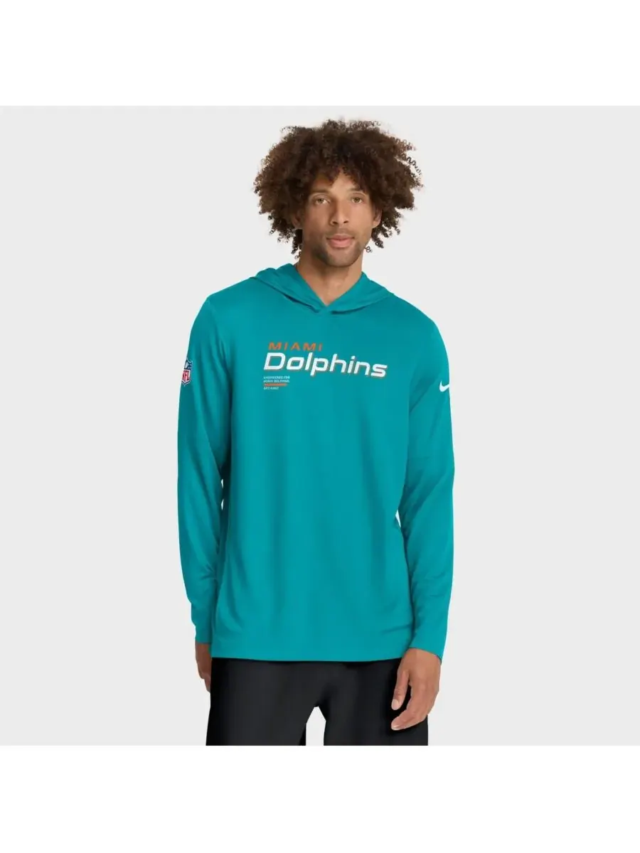 Мужская футболка с длинным рукавом Aqua Miami Dolphins Sideline Pure Fury Performance Nike — изображение 1 из 5, голубой