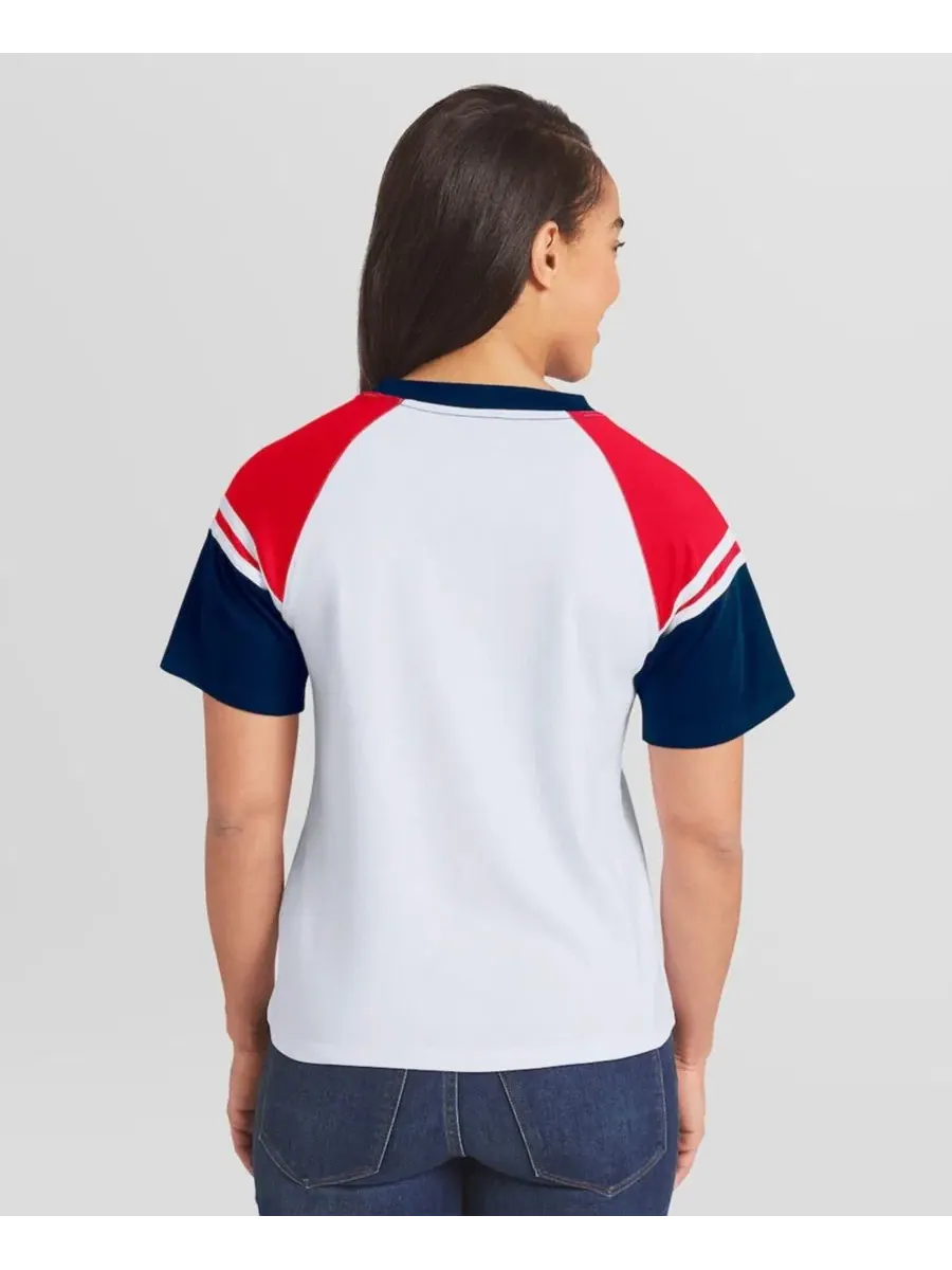 Футболка женская с принтом Atlanta Braves, модель Striped Raglan WEAR by Erin Andrews — изображение 2 из 2, белый темно-синий