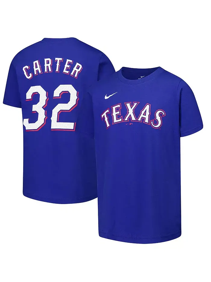 Футболка с именем и номером Evan Carter, Texas Rangers, для мальчиков и девочек Nike — изображение 1 из 3