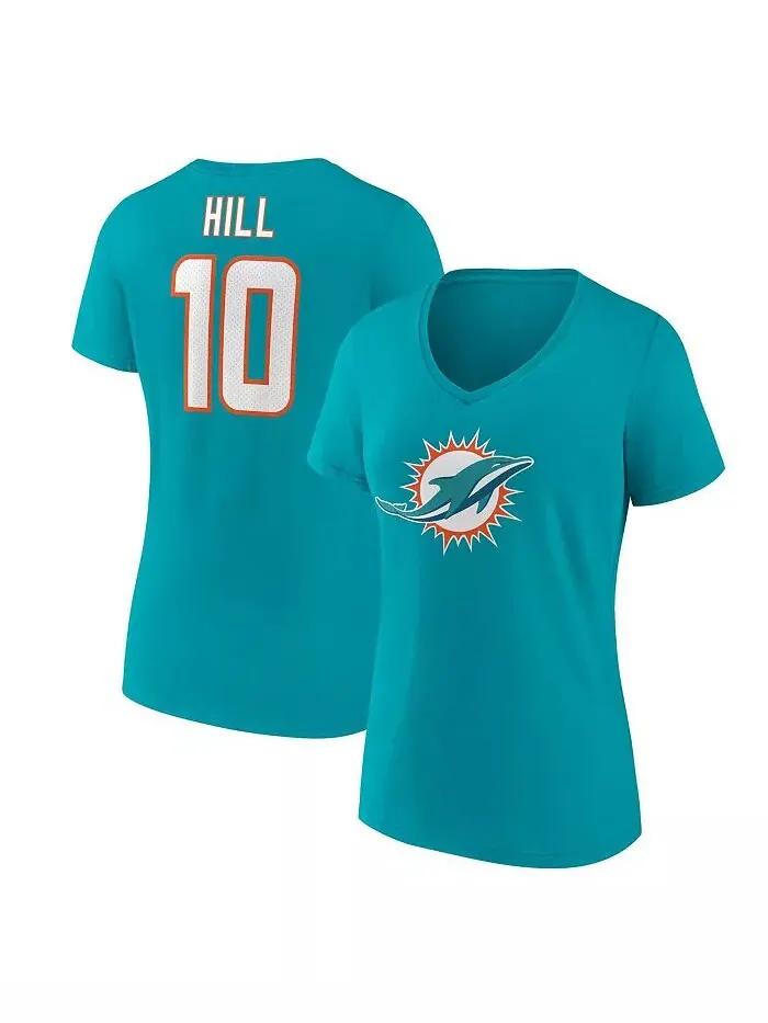 Женская футболка Tyreek Hill Aqua Miami Dolphins с именем и номером игрока и V-образным вырезом — изображение 1 из 2