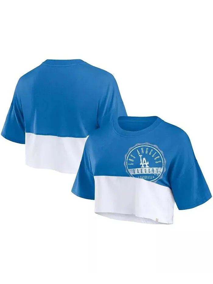 Женская королевская/белая футболка Los Angeles Dodgers Color Split с укороченным кроем Fanatics — изображение 1 из 3