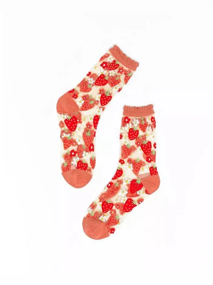 Женские прозрачные носки с рюшами и клубникой Sock Candy