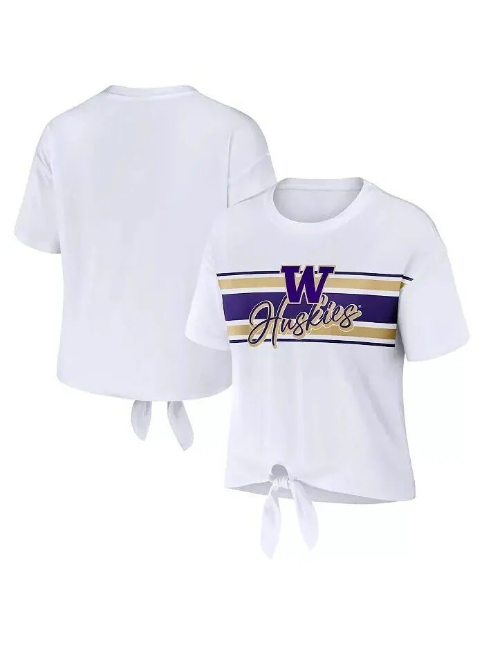 Женская белая укороченная футболка Washington Huskies в полоску спереди с узлом Wear By Erin Andrews