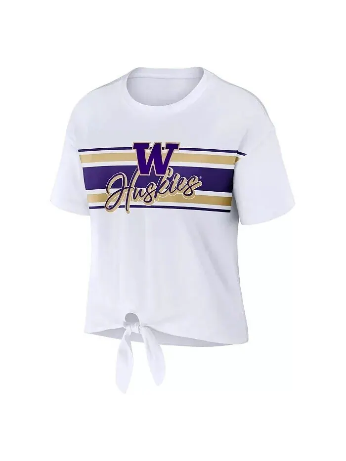 Женская белая укороченная футболка Washington Huskies в полоску спереди с узлом Wear By Erin Andrews — изображение 3 из 3
