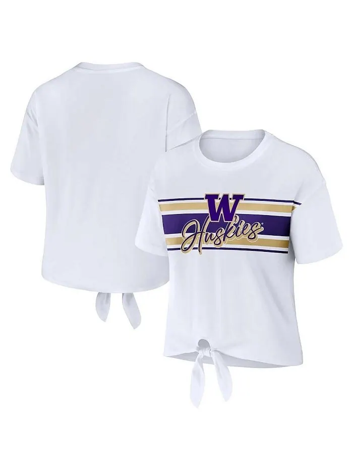 Женская белая укороченная футболка Washington Huskies в полоску спереди с узлом WEAR by Erin Andrews — изображение 1 из 3