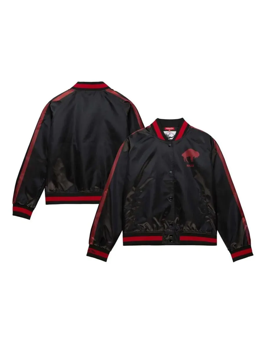 Mitchell & Ness Женская черная атласная куртка-реглан с полной застежкой на кнопках и рукавами в — изображение 1 из 3, черный