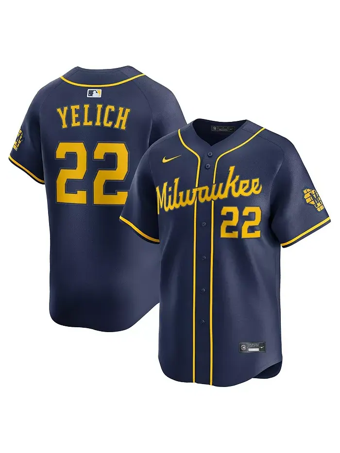Мужская альтернативная лимитированная футболка Christian Yelich в синем цвете Milwaukee Brewers Nike — изображение 1 из 3