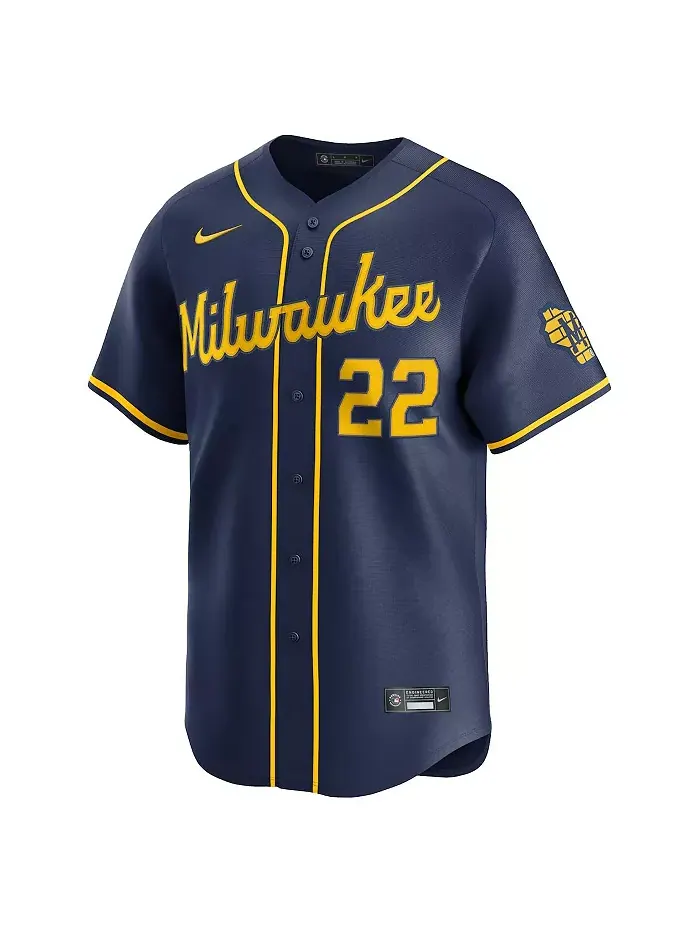 Мужская альтернативная лимитированная футболка Christian Yelich в синем цвете Milwaukee Brewers Nike — изображение 2 из 3