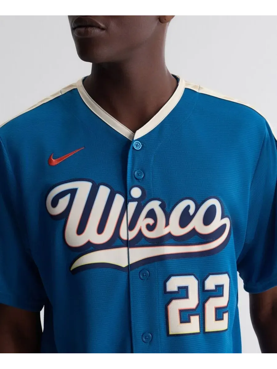 Мужская футболка Nike Christian Yelich Mineral Blue Milwaukee Brewers 2026 City Connect Stadium — изображение 6 из 15, синий