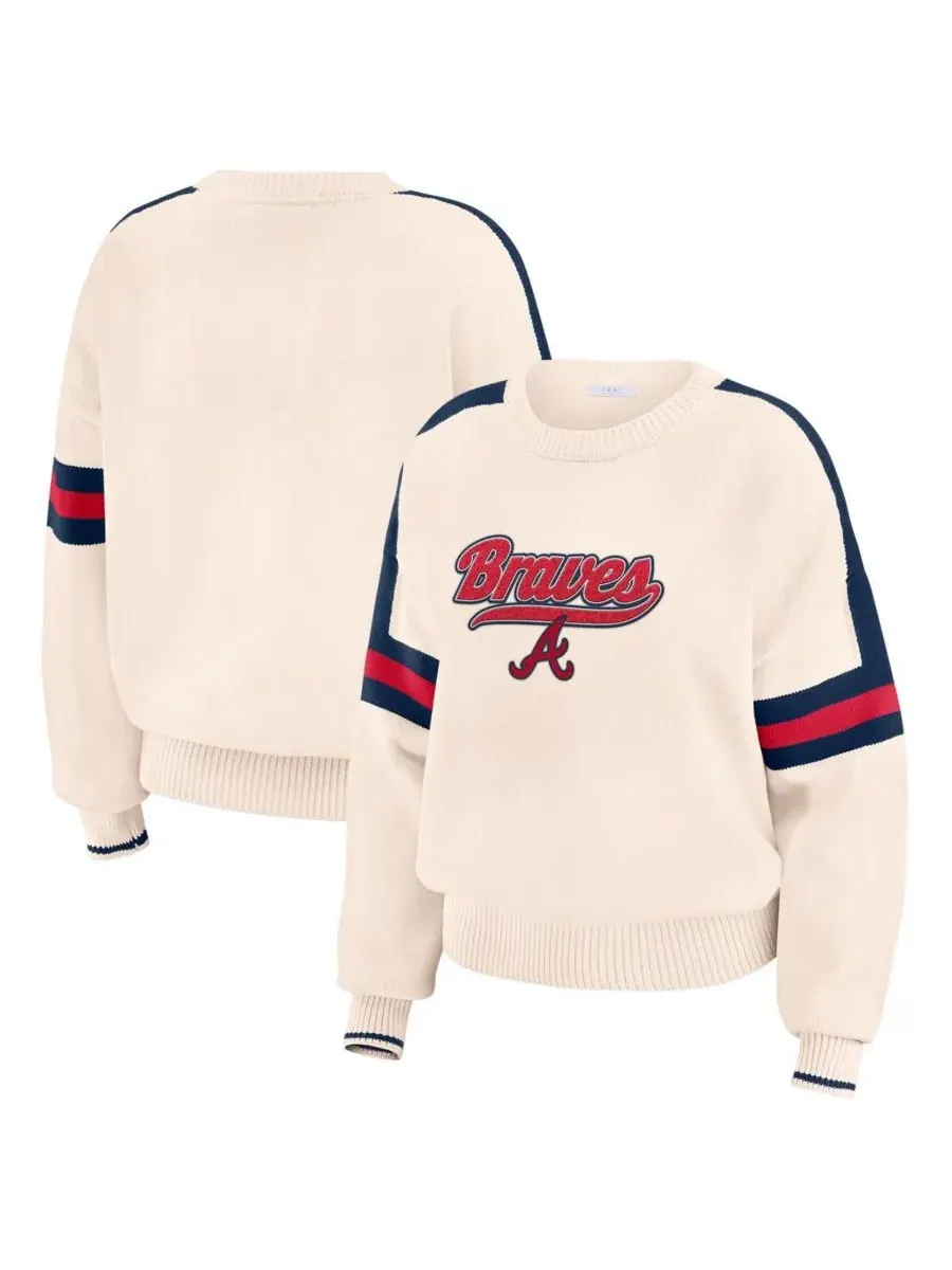 WEAR by Erin Andrews Женский кремовый полосатый пуловер с символикой команды Atlanta Braves — изображение 1 из 4