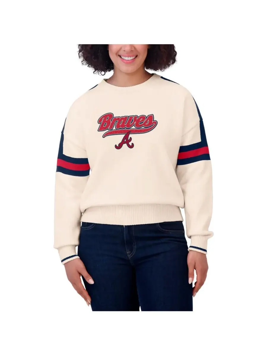 WEAR by Erin Andrews Женский кремовый полосатый пуловер с символикой команды Atlanta Braves — изображение 2 из 4