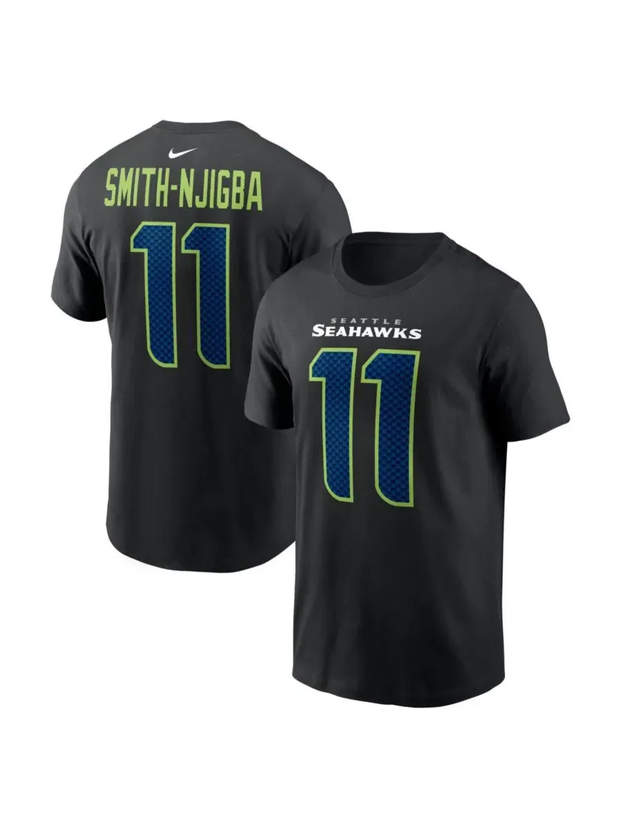 Мужская черная футболка Jaxon Smith-Njigba Seattle Seahawks Carbon с именем и номером игрока Nike — изображение 1 из 3