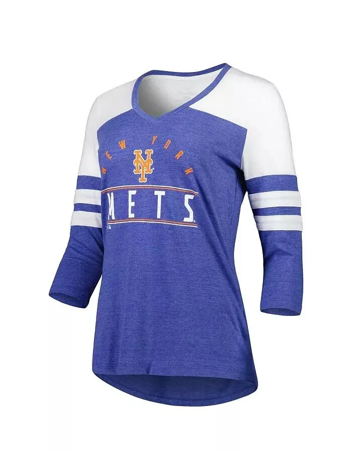 Женская футболка Heather Royal New York Mets League Leader Tri-Blend с рукавами 3/4 и v-образным — изображение 2 из 3