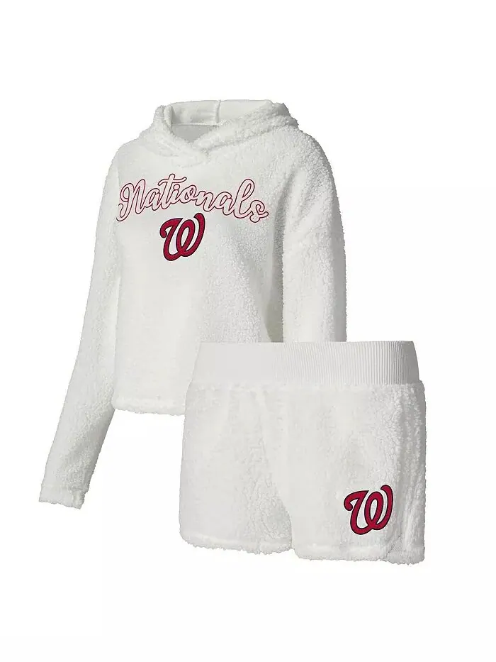 Женский кремовый пушистый свитер с капюшоном и шортами Washington Nationals для сна Concepts Sport — изображение 1 из 3