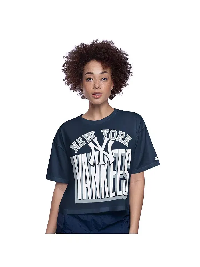 Женская укороченная футболка Navy New York Yankees Play the Ball свободного кроя Starter — изображение 1 из 2