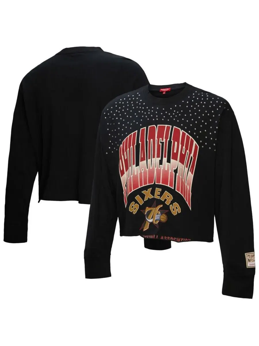 Mitchell & Ness Женская черная футболка Philadelphia 76ers Hardwood Classics с заклепками — изображение 1 из 5, черный