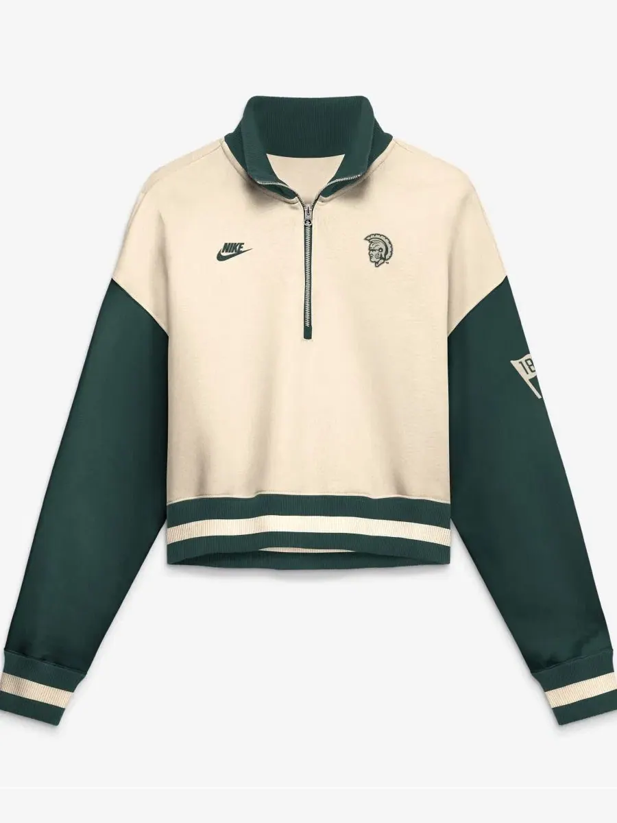 Женский пуловер с четверть-застежкой Oversized Legacy Color Block Cropped Nike — изображение 1 из 2, натуральный зеленый