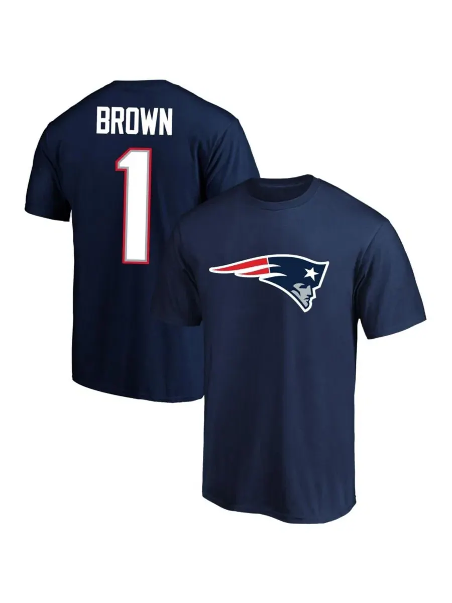 Футболка с именем и номером игрока A.J. Brown Navy New England Patriots Big & Tall Fanatics — изображение 1 из 3, темно-синий