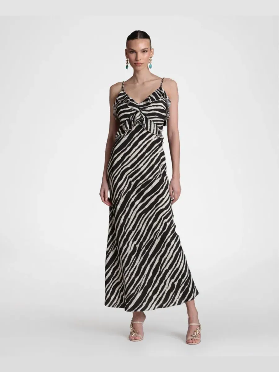 Платье макси с рюшами и плетеными завязками, Braided Tie Ruffle Avec Les Filles, Zebra Print — изображение 1 из 5