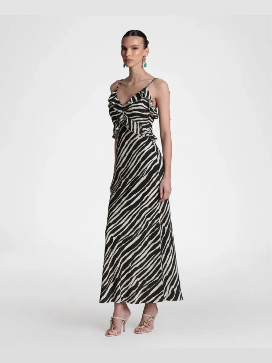 Платье макси с рюшами и плетеными завязками, Braided Tie Ruffle Avec Les Filles, Zebra Print — изображение 2 из 5