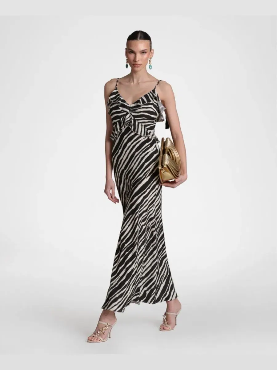 Платье макси с рюшами и плетеными завязками, Braided Tie Ruffle Avec Les Filles, Zebra Print — изображение 3 из 5