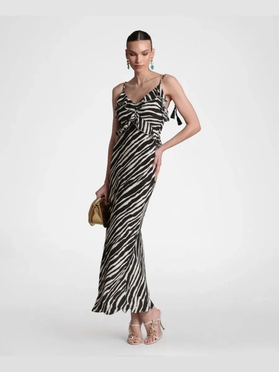 Платье макси с рюшами и плетеными завязками, Braided Tie Ruffle Avec Les Filles, Zebra Print — изображение 4 из 5